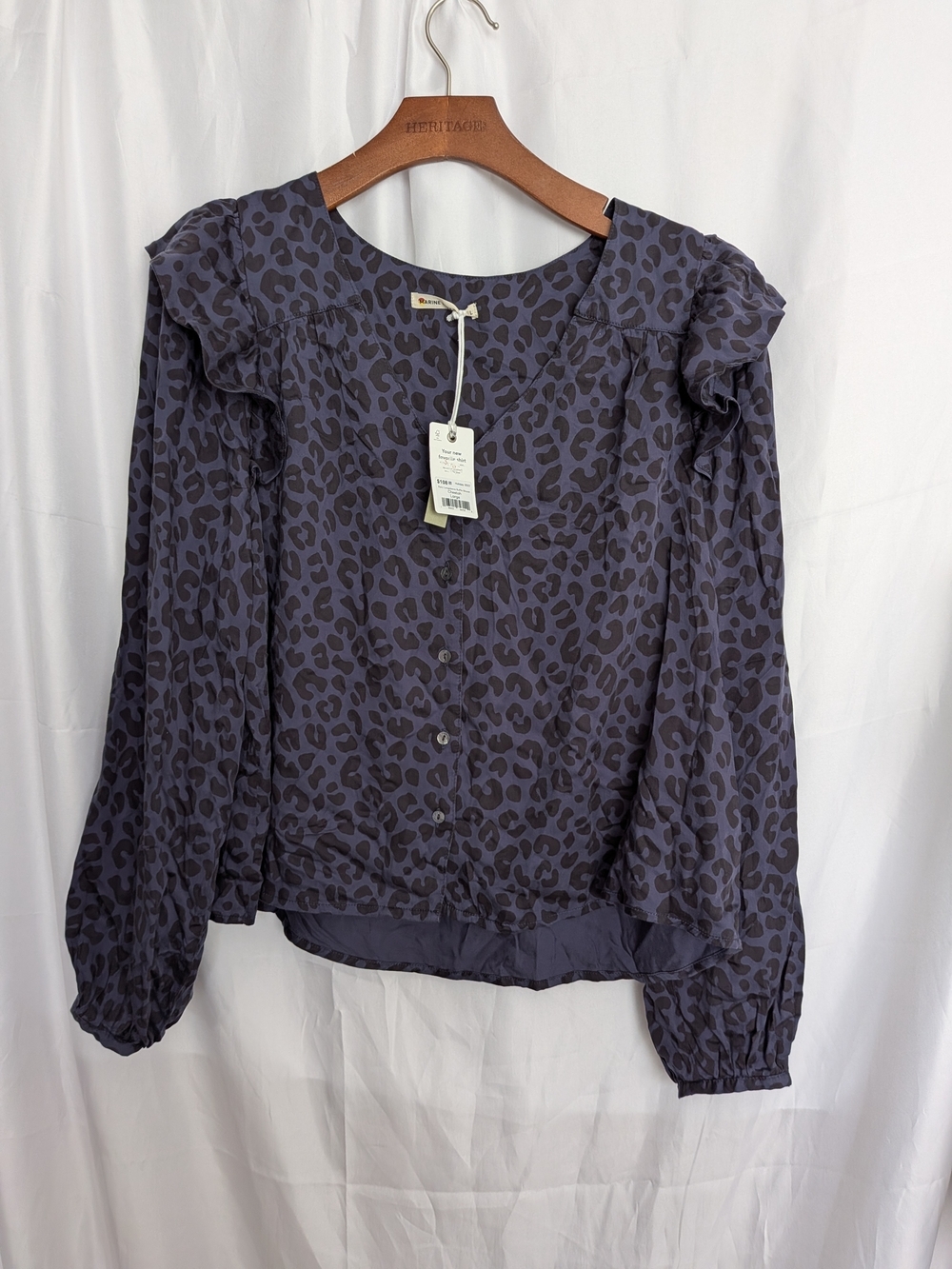 Marine Layer Blue & Black Leopard Print Ruffle Shoulder Blouse Size Large - Picture 2 of 6